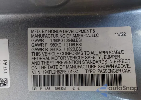2023 Honda Civic Sport from USA, damaged, VIN 19XFL2H82PE001384